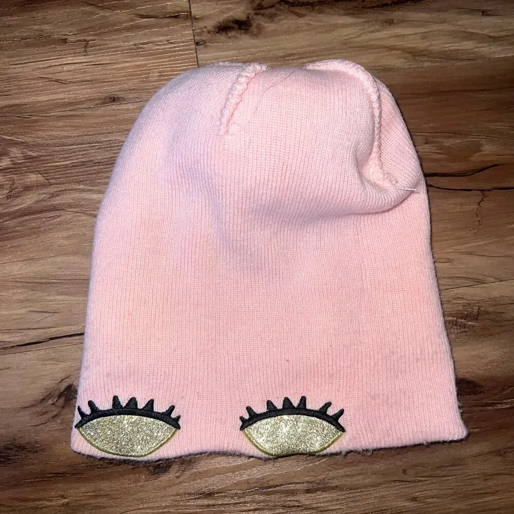 Girls Pink Pom-Pom Eyelash Beanie – One Size